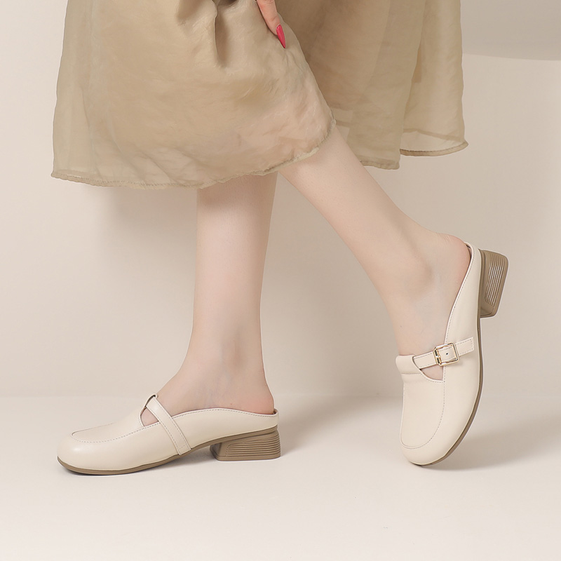 真皮包头拖鞋凉拖粗跟