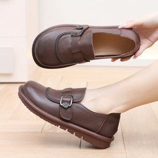 真皮复古乐福鞋女春夏季平底单鞋休闲软底妈妈鞋圆头不累脚小皮鞋