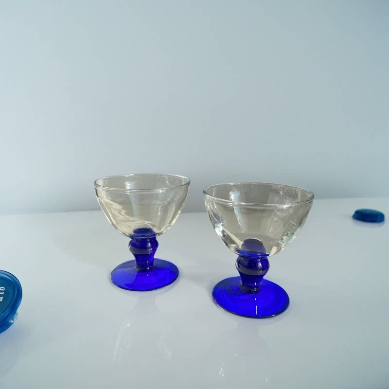 中古克莱因蓝色高脚杯甜品杯冰激凌杯蜡烛杯复古蓝色玻璃杯