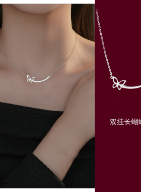 精致长条蝴蝶银色项链女款轻奢小众设计高级感简约锁骨链生日礼物