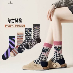 日系土星刺绣复古民族风袜子女士双针双路中高筒堆堆棉袜