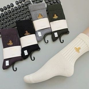 秋冬日单土星刺绣羊毛袜子女中筒袜秋冬款保暖加厚长袜