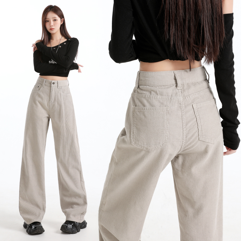 HYS/秋冬新款＆新星美拉德奶油灰超柔面料灯芯绒窄版直筒裤女