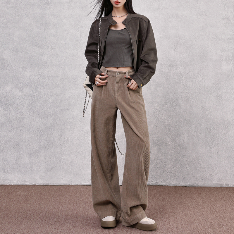 HYS/秋季新款＆简约时髦立体单折灯芯绒感宽松显高阔腿裤女