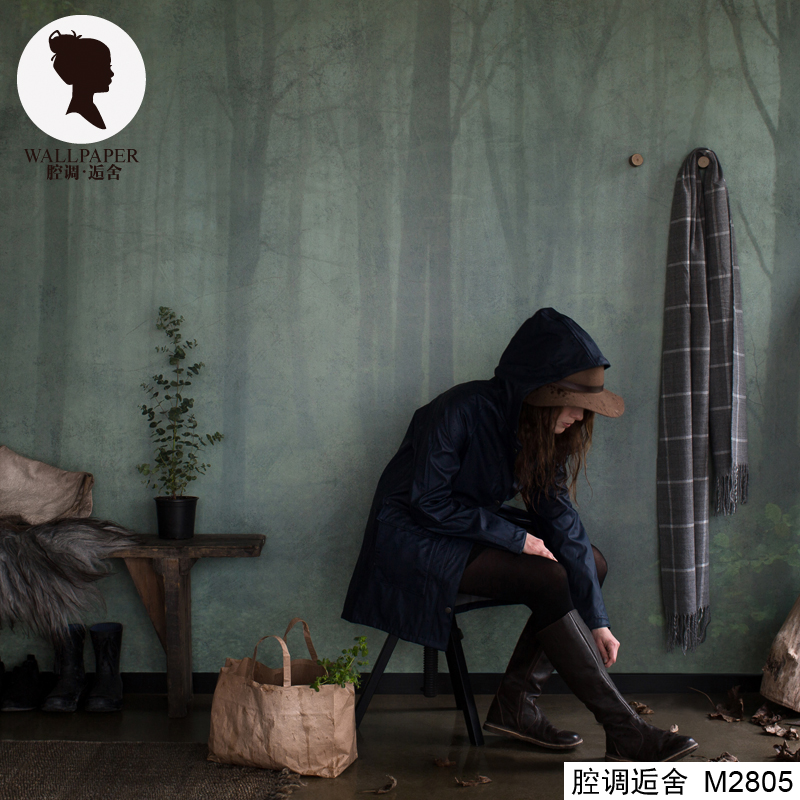 腔调壁画复古怀旧森林墨绿色客厅餐厅树林墙布墙纸个性欧美M2805