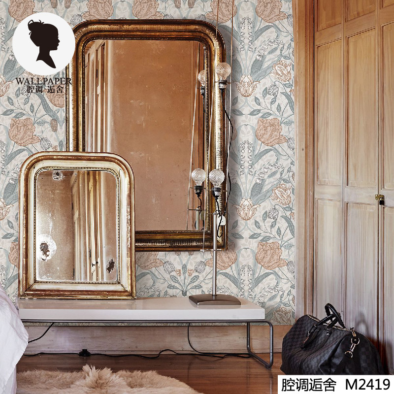 腔调壁画郁郁葱葱的花园米色象牙色郁金香鲜艳绿叶流行色彩m2419