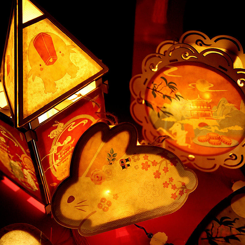 中秋节灯笼 发光手工手提儿童diy创意复古风卡通嫦娥兔子花灯宫灯