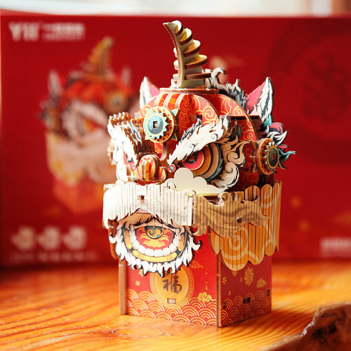 麒麟献瑞木质八音盒 中国风复古风玩具手工艺品DIY醒狮积木礼盒装