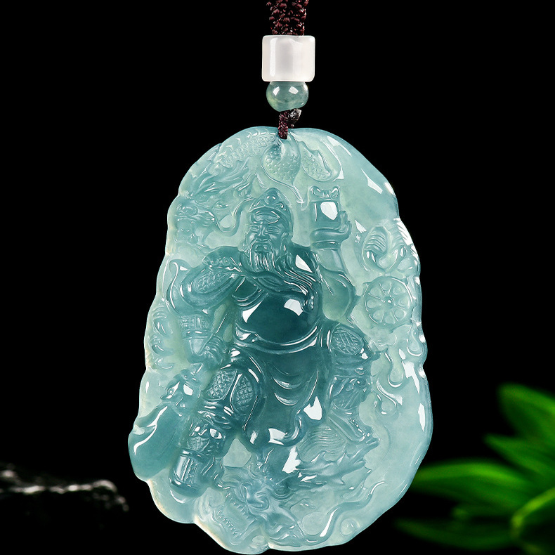 正品天然a货缅甸翡翠蓝水神龙关公武财神冰种玉石吊坠挂件玉佩