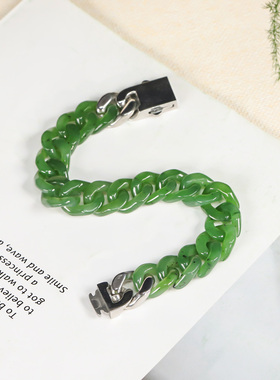 天然A货新疆和田玉碧玉冰种古巴手链玉石钛钢嘻哈风格女潮流手饰