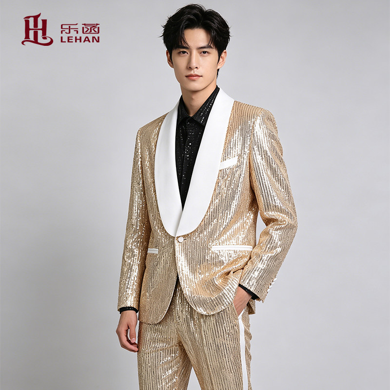 权志龙同款香槟色亮片西装套装男歌手舞台表演服男嘉宾走秀主持人