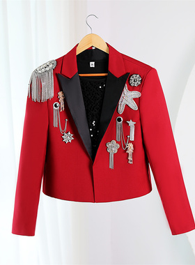 权志龙同款酒红色款宴会聚会CE/SLP风格重工刺绣水钻红色休闲西装