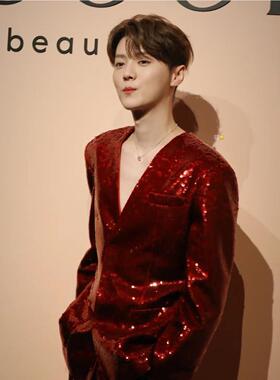 【清仓】红色亮片走秀西装珠片西裤套装爵士街舞齐舞团队演出服