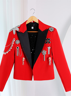 吴磊春节晚会同款款宴会聚会CE/SLP风格重工刺绣水钻红色休闲西装