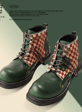 【陈国坤同款】编界Rewrite 赤 原创固特异棋盘格工装靴男女皮鞋