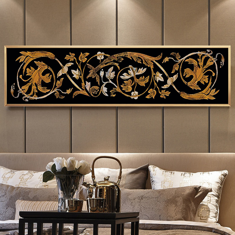 尚尚木莲后现代轻奢客厅金色抽象挂画美式卧室床头横幅花卉装饰画