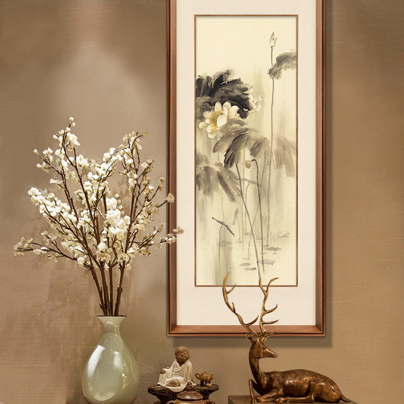 尚尚木莲玄关装饰画竖版过道走廊挂画新中式客厅禅意水墨荷花壁画