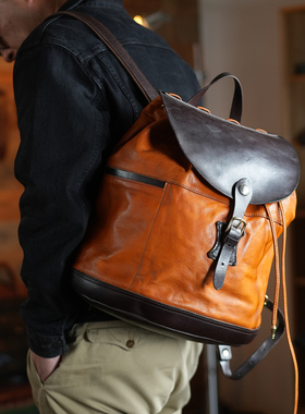 牛爷 美式复古伞兵棕色牛皮拼色双肩包男士休闲大号经典休闲包