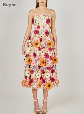 【TT Heavi】直邮代购 涤纶刺绣花朵吊带蛋糕中长连衣裙 26春夏