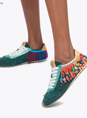 Kurt Geiger 直邮代购 麂皮拼接流苏串珠鹰头平底女德训鞋 26春夏