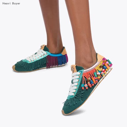 Kurt Geiger 直邮代购 麂皮拼接流苏串珠鹰头平底女德训鞋 26春夏