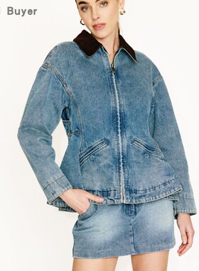 【TT Heavi】直邮代购 牛仔布拼色翻领荷叶下摆拉链女外套 26春夏