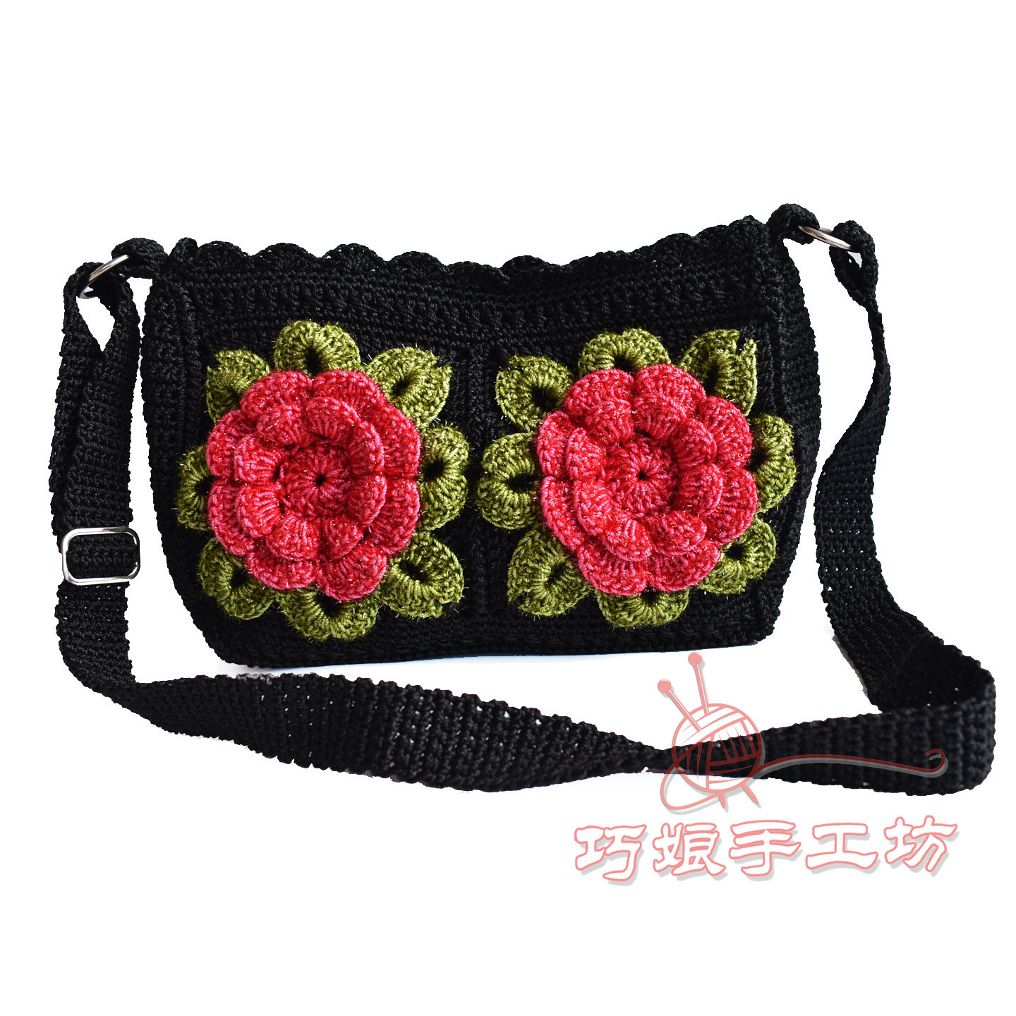 新款手工钩织包包女 黑底立体红花编织斜跨包 复古小众包成品