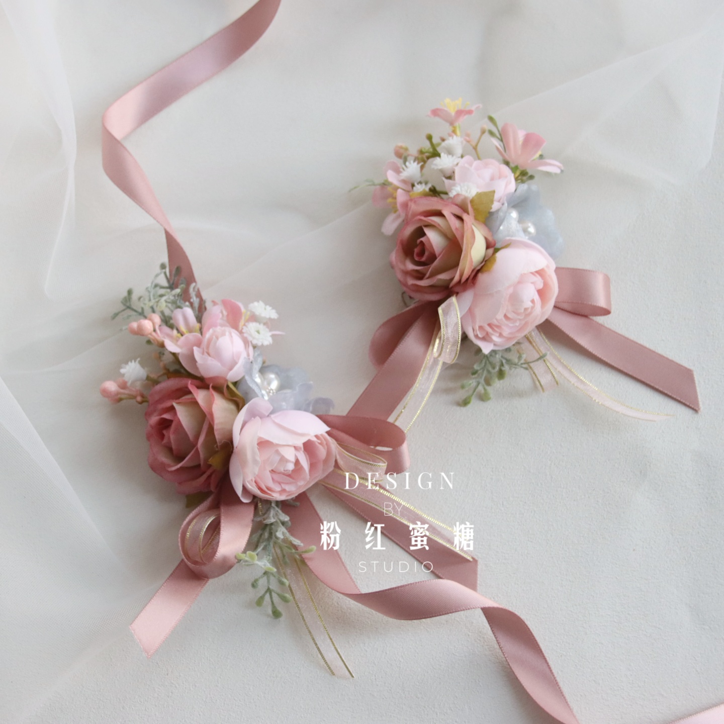 唯美玫瑰森系粉蓝花珍珠新伴郎娘伴娘姐妹团婚礼胸花活动手腕花