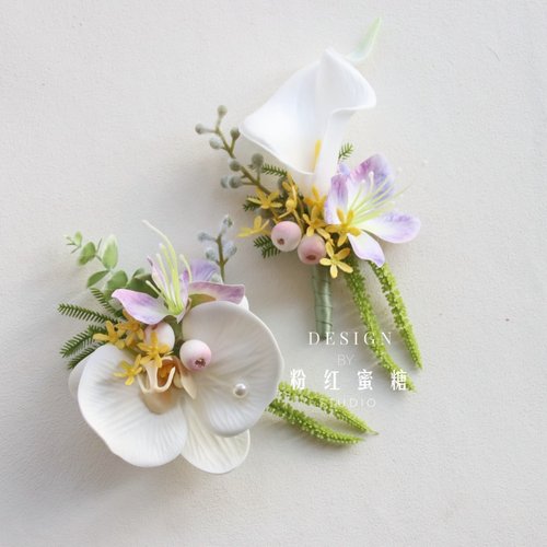 原创唯美森系粉白色马蹄莲花新郎娘伴娘姐妹团婚礼胸花活动手腕花