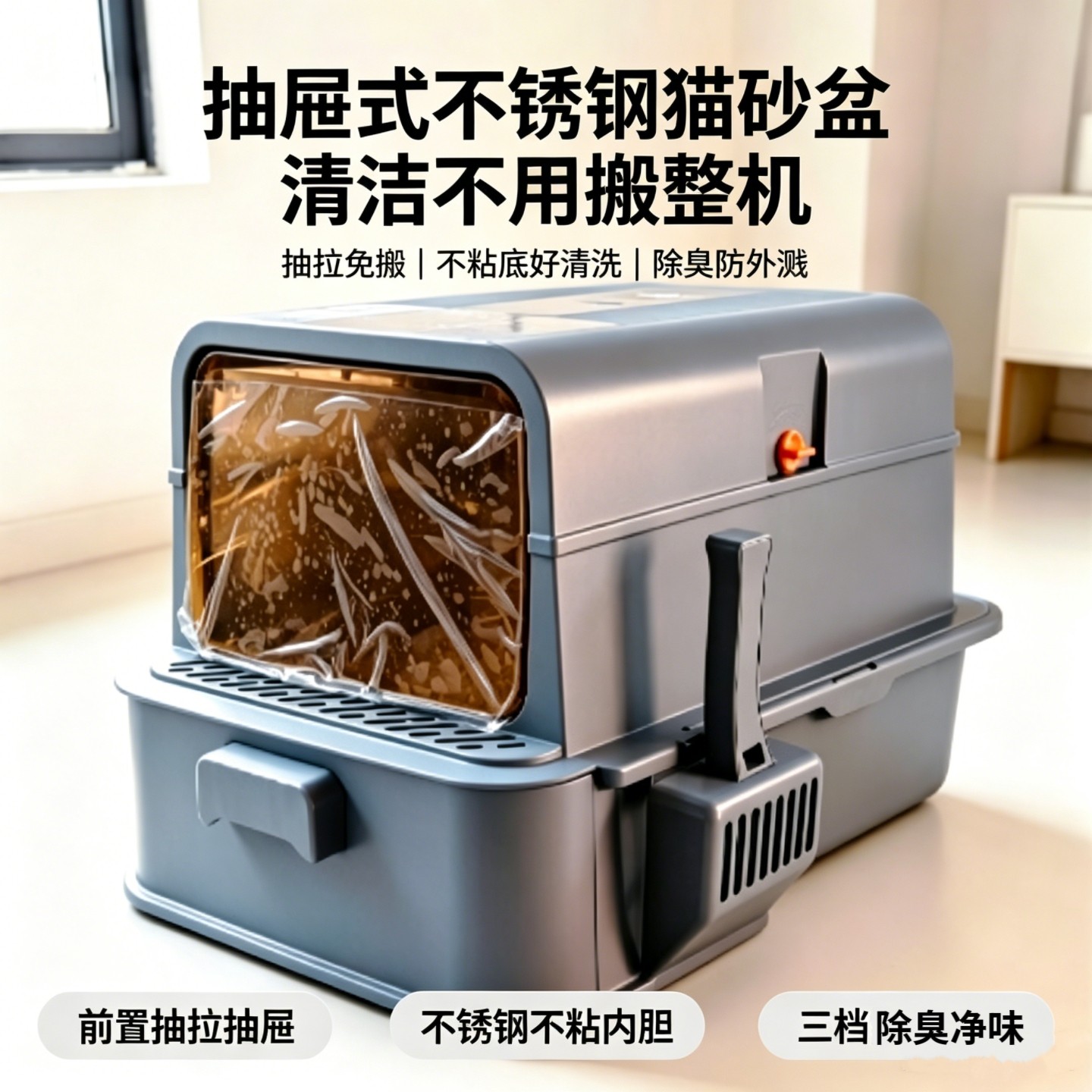 猫砂盆不锈钢抽屉式新风等离子除臭防外溅不粘底易清洗缅因猫厕所