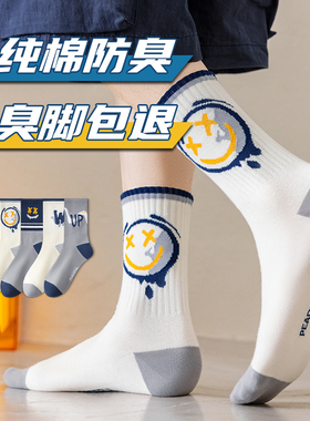 青少年袜子男款夏季中筒纯棉全棉防臭吸汗运动初中生学生男童男士