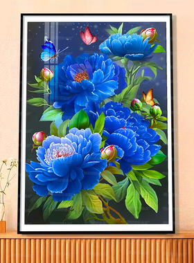 蒙娜丽莎皇室十字绣 蓝色牡丹 新款花卉竖版刺绣手工装饰画线绣