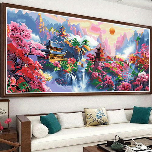 皇室蒙娜丽莎十字绣洪福齐天客厅山水画风景紫气东来新中式自己绣
