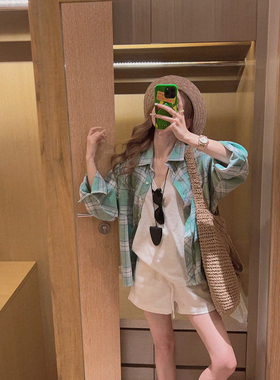 Yukiss 浅绿色薄款长袖防晒格子衬衫女夏韩宽松显瘦休闲格纹衬衣