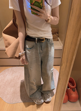 Yukiss 浅蓝色复古高腰阔腿直筒牛仔裤女夏韩系宽松显瘦磨破裤子