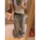 女夏韩系宽松显瘦磨破裤 Yukiss 浅蓝色复古高腰阔腿直筒牛仔裤 子