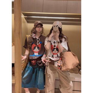 Yukiss 猫咪印花米白色短袖T恤上衣女春韩系博主风休闲宽松打底衫