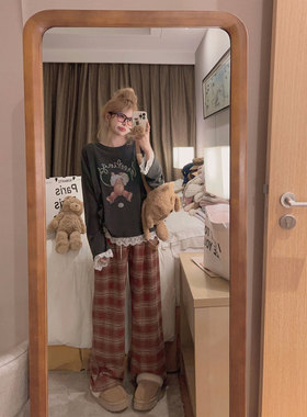 Yukiss【福利清仓5折】松弛time！藏青格/红格磨毛宽松格子休闲裤