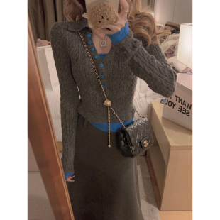 上衣女冬韩系 慵懒风假两件撞色羊毛针织衫 Yukiss 福利清仓5折