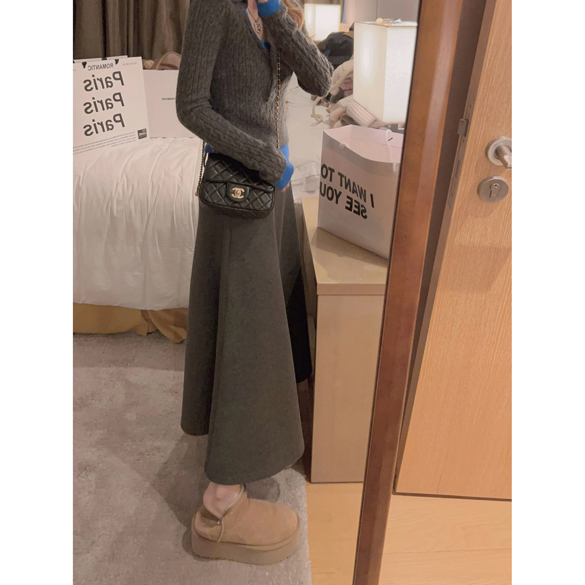 Yukiss 灰色长款羊毛加绒高腰鱼尾裙半身裙女冬韩系修身显瘦a字裙