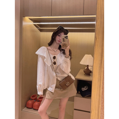 Yukiss【法式感 领口两穿/荷叶边一字肩小衫露肩上衣】
