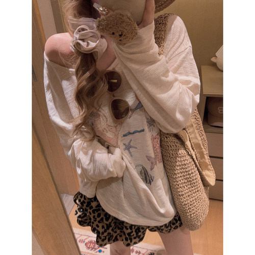 Yukiss 米色竹节棉垂感露肩长袖T恤女春夏韩系宽松遮肉打底衫上衣