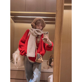 Yukiss 毛衣女秋冬韩系宽松保暖上衣 红色软糯羊毛混纺套头针织衫