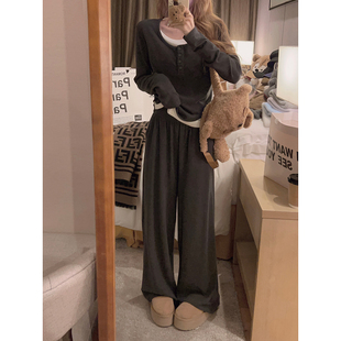 Yukiss假两件软糯上衣休闲裤 女秋韩系宽松显瘦气质百搭两件套 套装