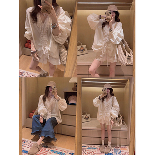 Yukiss 复古法式蕾丝边长袖衬衫上衣女春韩系小个子V领宽松打底衫