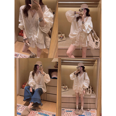 Yukiss 复古法式蕾丝边长袖衬衫上衣女春韩系小个子V领宽松打底衫