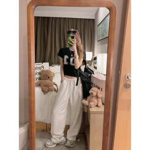 Yukiss 女韩系宽松显瘦显腿长 小个子白色亚麻高腰直筒阔腿休闲裤