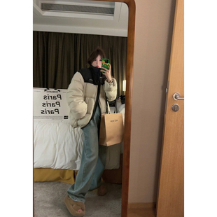 YUKISS复古蓝加绒牛仔阔腿裤 子 女冬韩系高腰宽松显瘦遮胯小个子裤