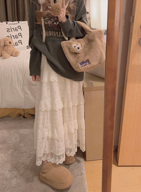 Yukiss 米白色加绒蕾丝拼接半身长裙女冬韩系小个子宽松慵懒裙子