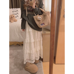 Yukiss 米白色加绒蕾丝拼接半身长裙女冬韩系小个子宽松慵懒裙子